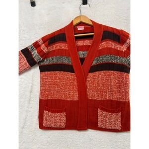 Vtg Scotch English Striped Knit Cardigan Sweater Hipster 80s Red Brown Women‎ M
